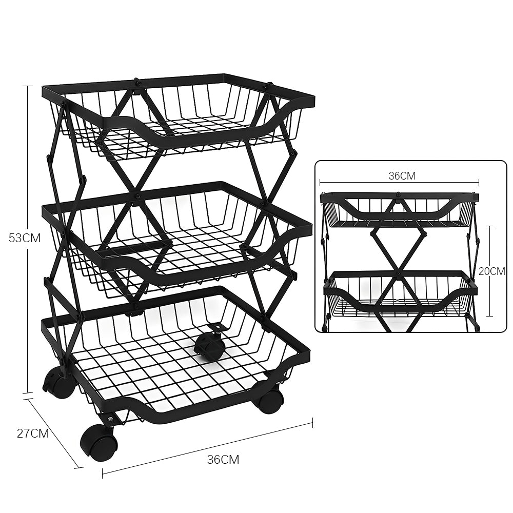 STORFEX 3 Tier Foldable Kitchen Pantry Storage Organizer Cart Baskets Rack