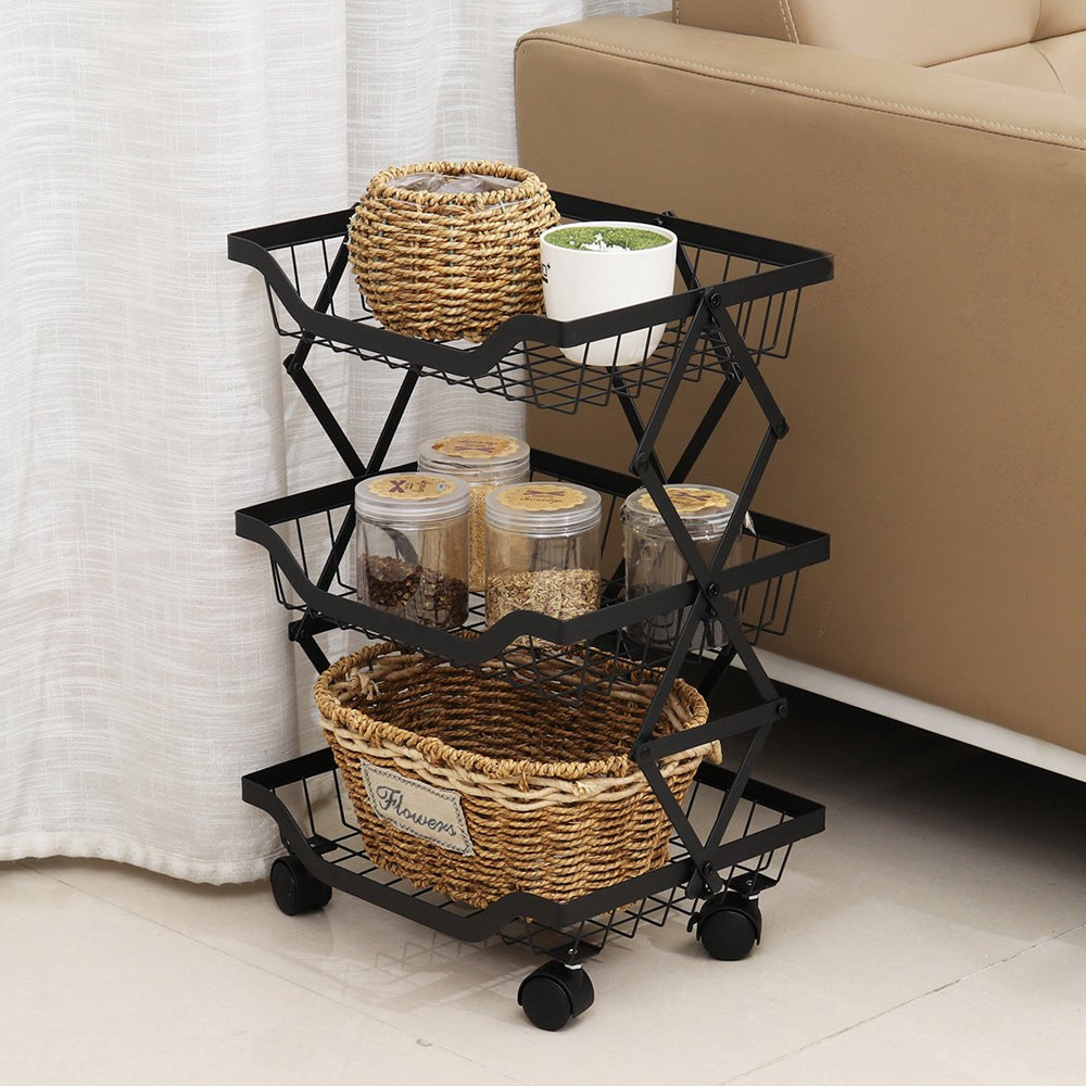 STORFEX 3 Tier Foldable Kitchen Pantry Storage Organizer Cart Baskets Rack