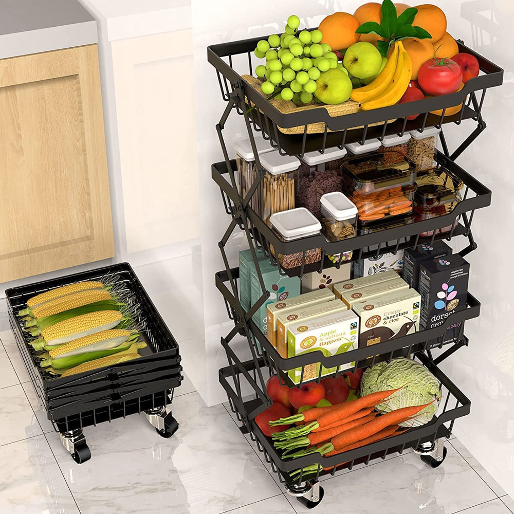 STORFEX 4 Tier Foldable Kitchen Pantry Storage Organizer Cart Baskets Rack