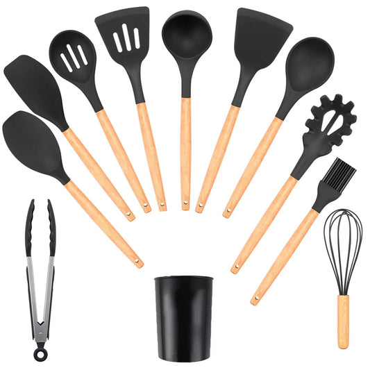 12pcs Heat-Resistant Silicone and Wood Kitchen Cooking Utensil Set