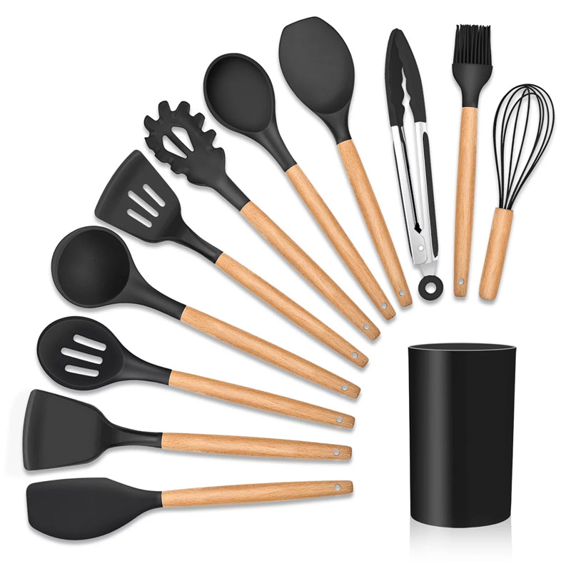 12pcs Heat-Resistant Silicone and Wood Kitchen Cooking Utensil Set