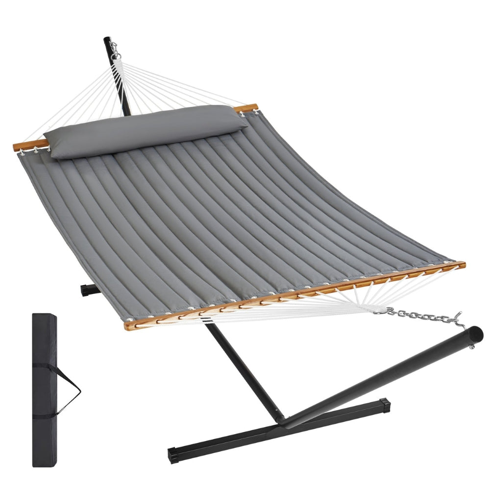 Two Person Hammock with Stand Included Double Hammock with Curved Spreader Bar and Detachable Pillow and Portable Bag