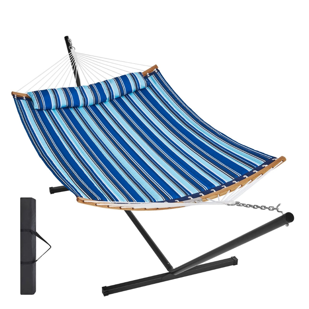 Two Person Hammock with Stand Included Double Hammock with Curved Spreader Bar and Detachable Pillow and Portable Bag