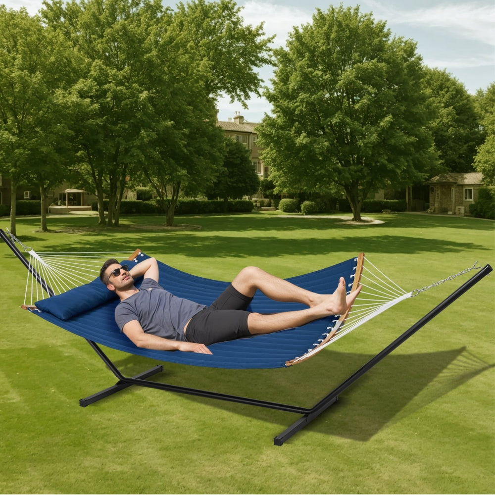 Two Person Hammock with Stand Included Double Hammock with Curved Spreader Bar and Detachable Pillow and Portable Bag