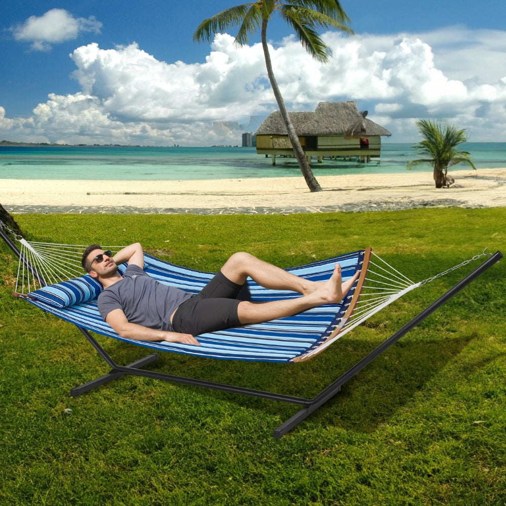 Two Person Hammock with Stand Included Double Hammock with Curved Spreader Bar and Detachable Pillow and Portable Bag