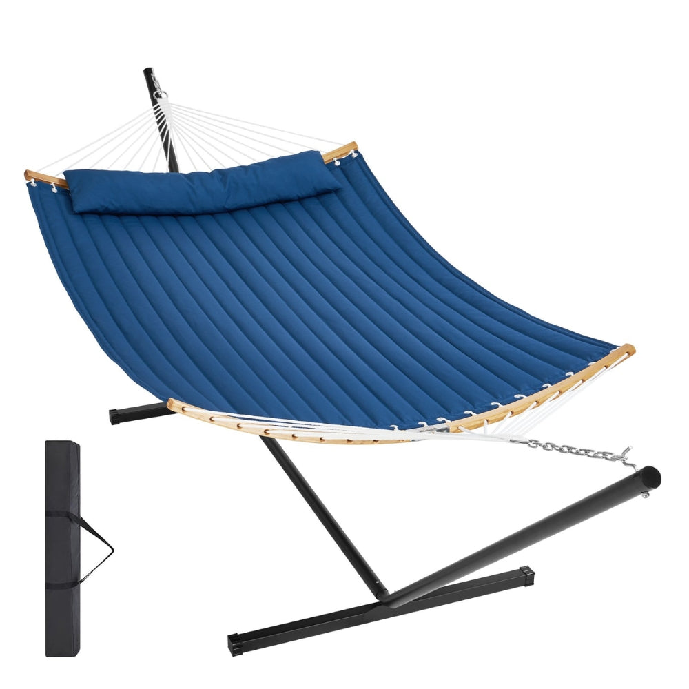 Two Person Hammock with Stand Included Double Hammock with Curved Spreader Bar and Detachable Pillow and Portable Bag