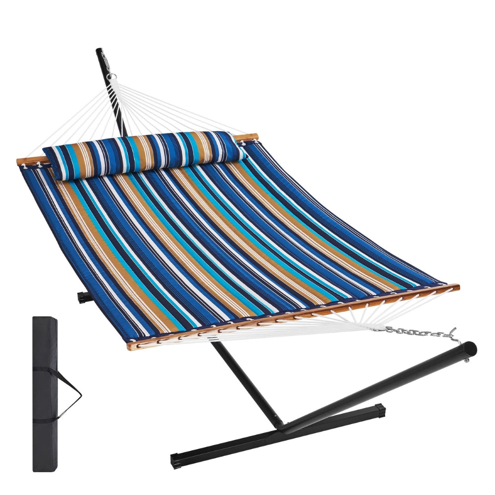 Two Person Hammock with Stand Included Double Hammock with Curved Spreader Bar and Detachable Pillow and Portable Bag