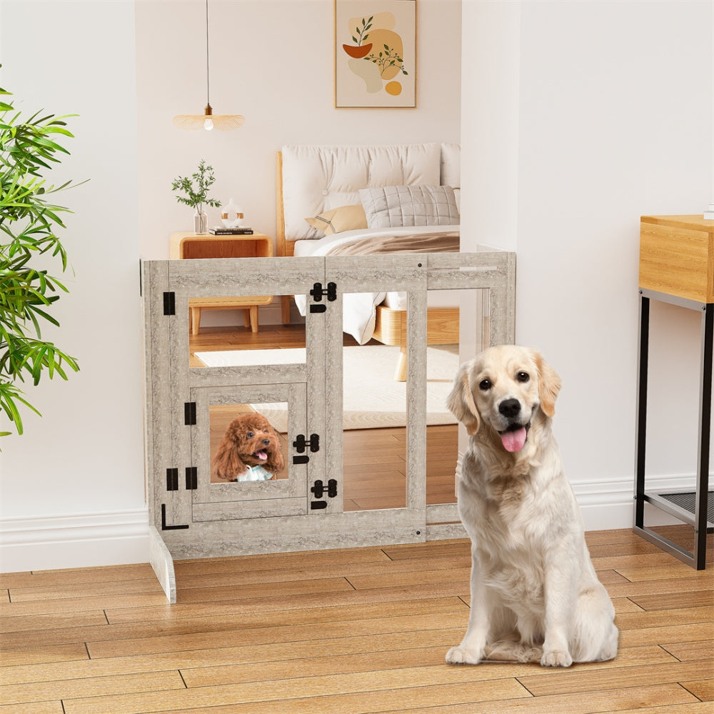 Pet Door Gate Tall Retractable Walk Through Tempered Glass Dog Safety Gate