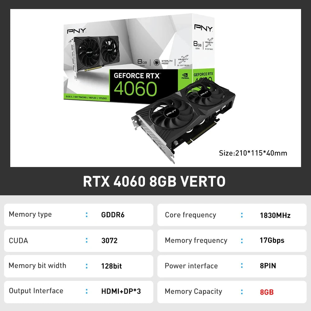 2024 USED  GeForce RTX 4060 8GB Gaming VERTO Graphic Card GDDR6 Nvidia RTX4060 GPU Video Cards 8Pin 128Bit 4060 placa de vídeo - Chic Cart