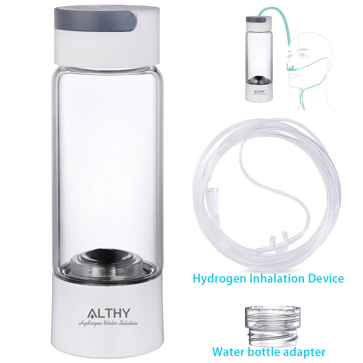 ALTHY Hydrogen Rich Water Generator Bottle - Glass Cupbody - DuPont SPE & PEM Dual Chamber Maker Ionizer - H2 Inhalation Device - Chic Cart