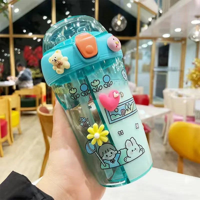 430ml Cute Children Double Drinking Water Bottle Straw Portable Bottle Student Couple Plastic Cup Gift School Kids - Chic Cart