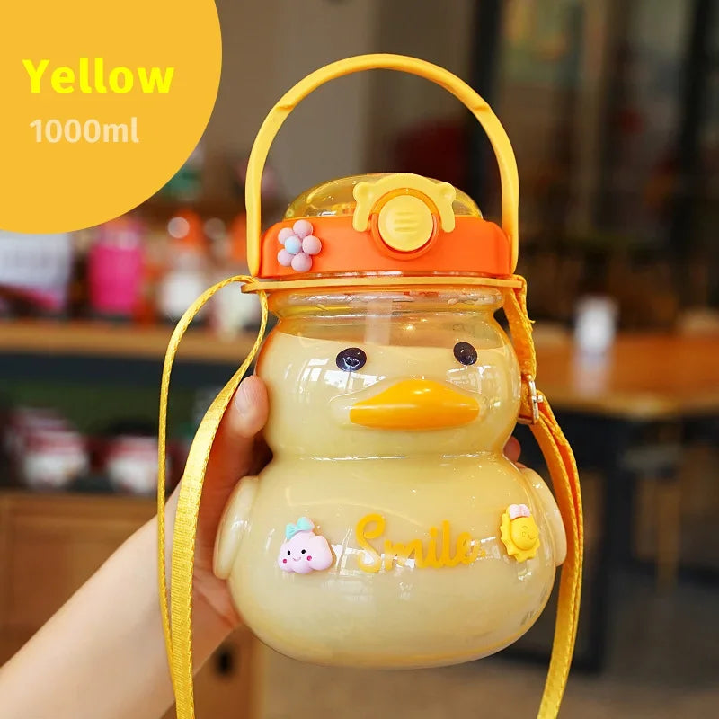 1000ML Cute Duck Water Bottle With Straw Kawaii Kids Water Bottles Large Capacity Plastic Straw Cup Drinking Bottle BPA Free - Chic Cart