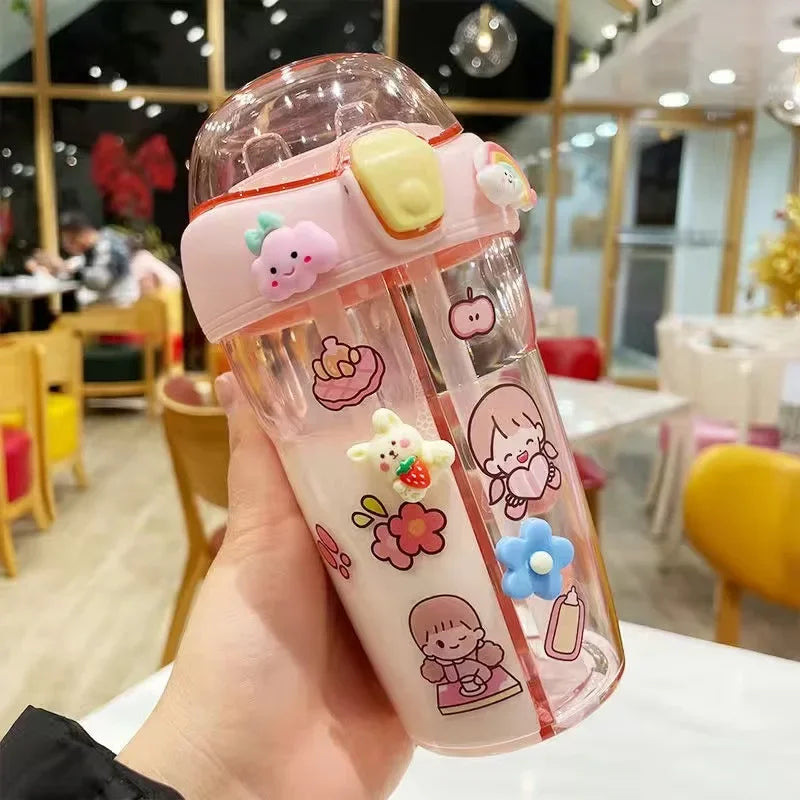 430ml Cute Children Double Drinking Water Bottle Straw Portable Bottle Student Couple Plastic Cup Gift School Kids - Chic Cart