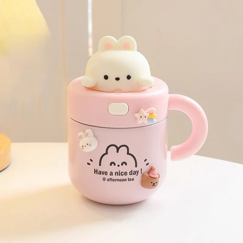 Kawaii Bear Thermal Mug Insulated Coffee Tumbler For Hot Cold Drinks Water Tea Large Thermos Stainless Steel Cup With Straw Lid - Chic Cart