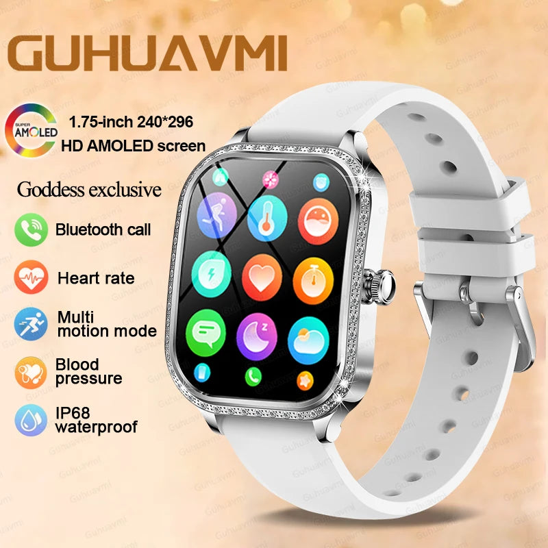 2025 New Women's Smart Watch Gold Steel Strip Inlaid Diamond 1.75-inch Curved Screen Bluetooth Call Health Monitoring Smartwatch - Chic Cart