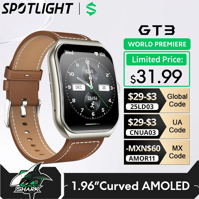 Black Shark Watch GT3 Global Version 1.96'' Curved Display 10 Days Battery Life 24H Health Monitoring 100+ Sport Modes IP68 - Chic Cart