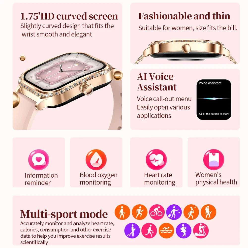 2025 New Lady Smart Watch Women AMOLED Curved Screen IP68 Waterproof Health Call Smartwatch For Samsung Huawei Apple Watch 4 ios - Chic Cart