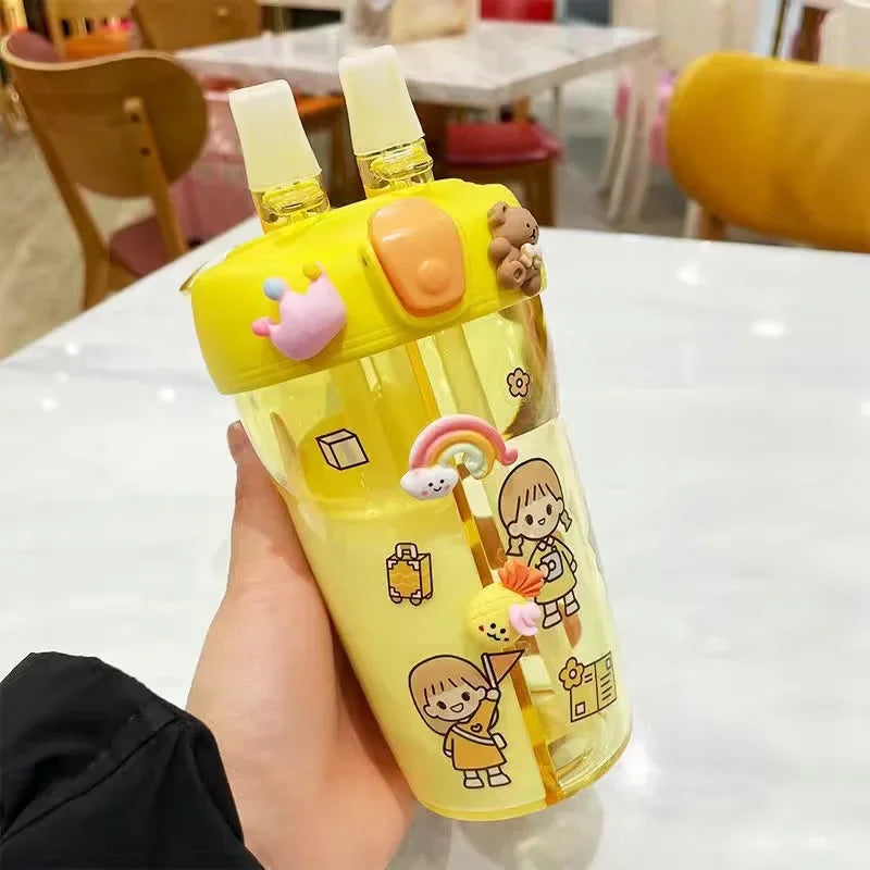 430ml Cute Children Double Drinking Water Bottle Straw Portable Bottle Student Couple Plastic Cup Gift School Kids - Chic Cart