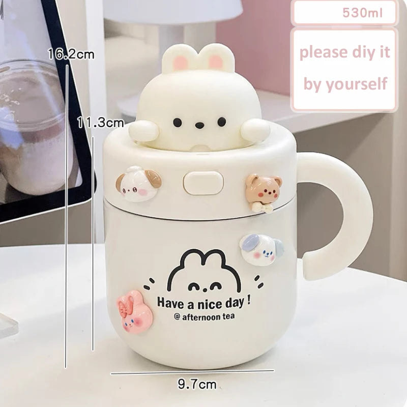 Kawaii Bear Thermal Mug Insulated Coffee Tumbler For Hot Cold Drinks Water Tea Large Thermos Stainless Steel Cup With Straw Lid - Chic Cart