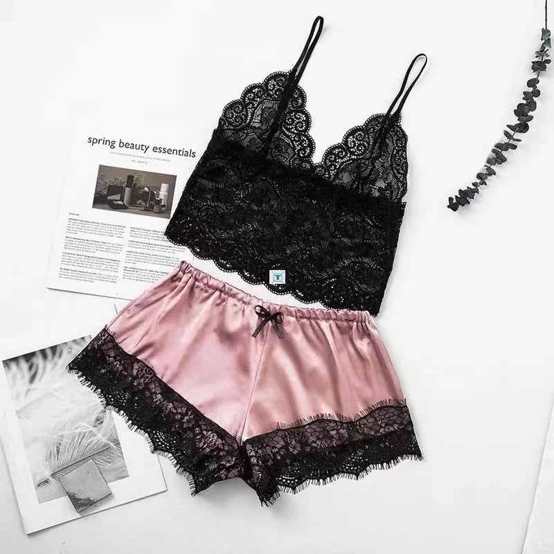 1 Set Women's Sexy Fashion Casual Lace Sleepwear Lingerie Tops Shorts Set Ladies Erotic Babydoll Pajamas Nightwear Underwear New - Chic Cart 