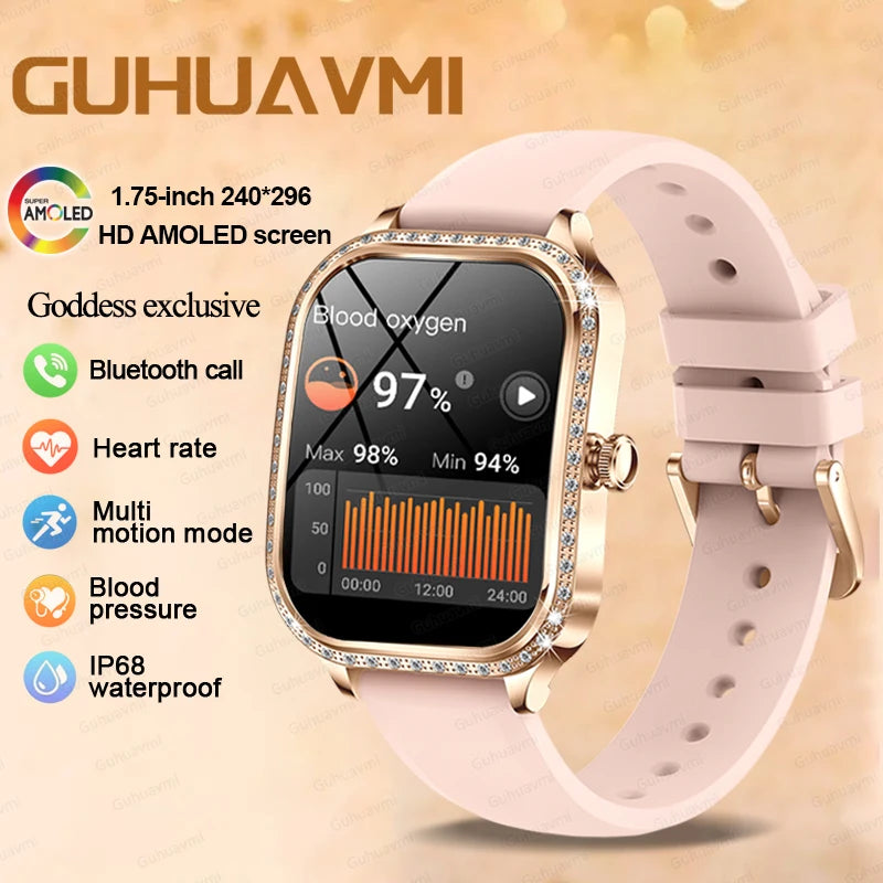 2025 New Women's Smart Watch Gold Steel Strip Inlaid Diamond 1.75-inch Curved Screen Bluetooth Call Health Monitoring Smartwatch - Chic Cart