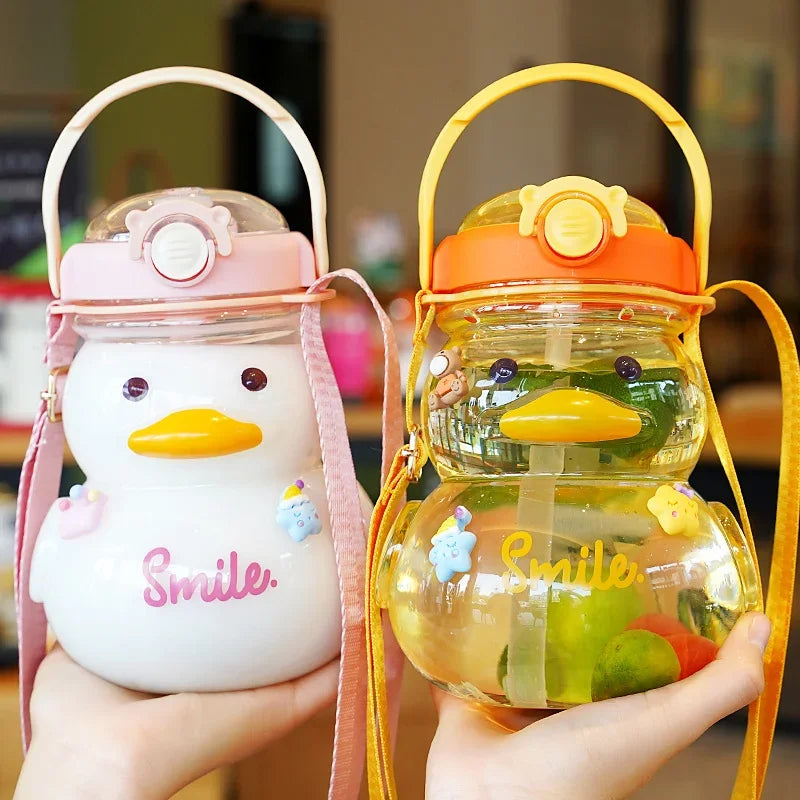 1000ML Cute Duck Water Bottle With Straw Kawaii Kids Water Bottles Large Capacity Plastic Straw Cup Drinking Bottle BPA Free - Chic Cart