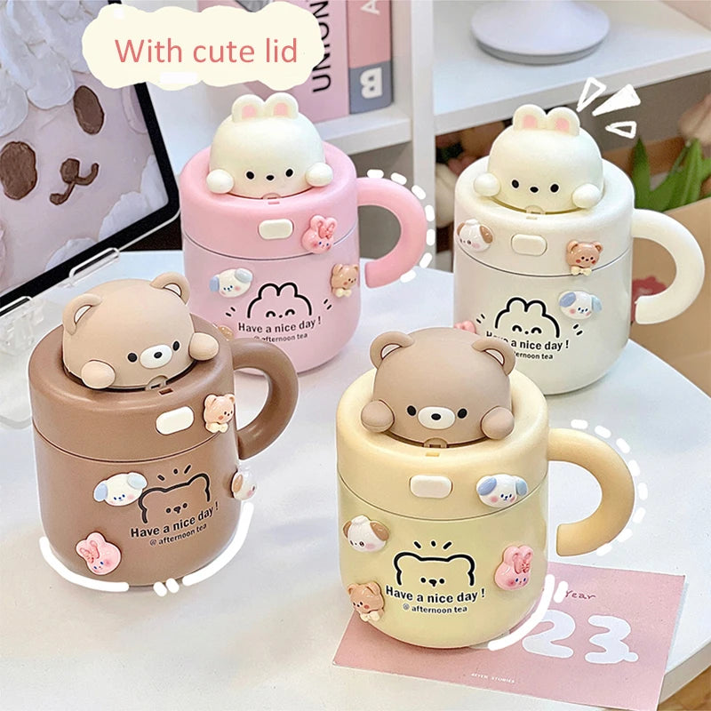 Kawaii Bear Thermal Mug Insulated Coffee Tumbler For Hot Cold Drinks Water Tea Large Thermos Stainless Steel Cup With Straw Lid - Chic Cart