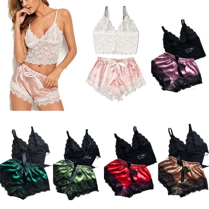 1 Set Women's Sexy Fashion Casual Lace Sleepwear Lingerie Tops Shorts Set Ladies Erotic Babydoll Pajamas Nightwear Underwear New - Chic Cart 