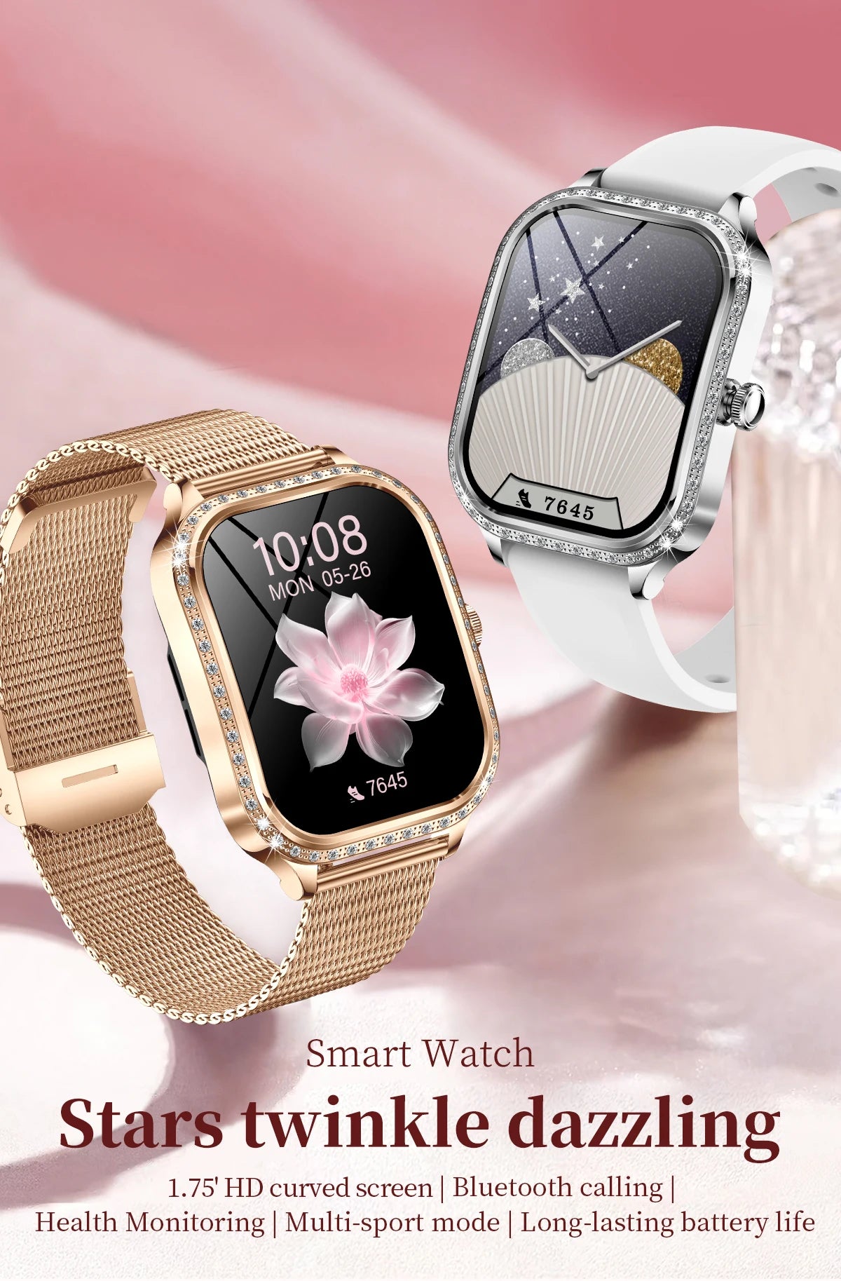 2025 New Women's Smart Watch Gold Steel Strip Inlaid Diamond 1.75-inch Curved Screen Bluetooth Call Health Monitoring Smartwatch - Chic Cart