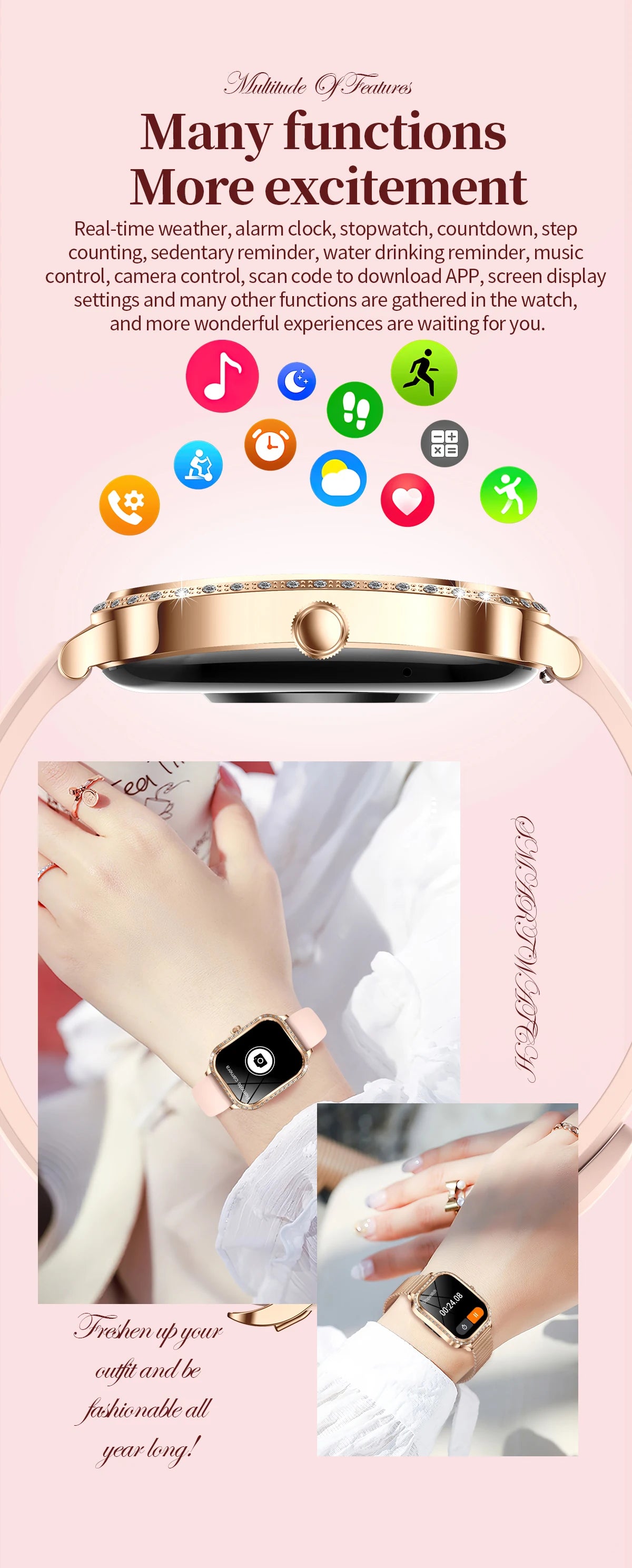 For Xiaomi Huawei New Women Smart Watch Heart Rate Blood Pressure Monitor Music Playback 100+ Sports Mode BT Calling SmartWatch - Chic Cart