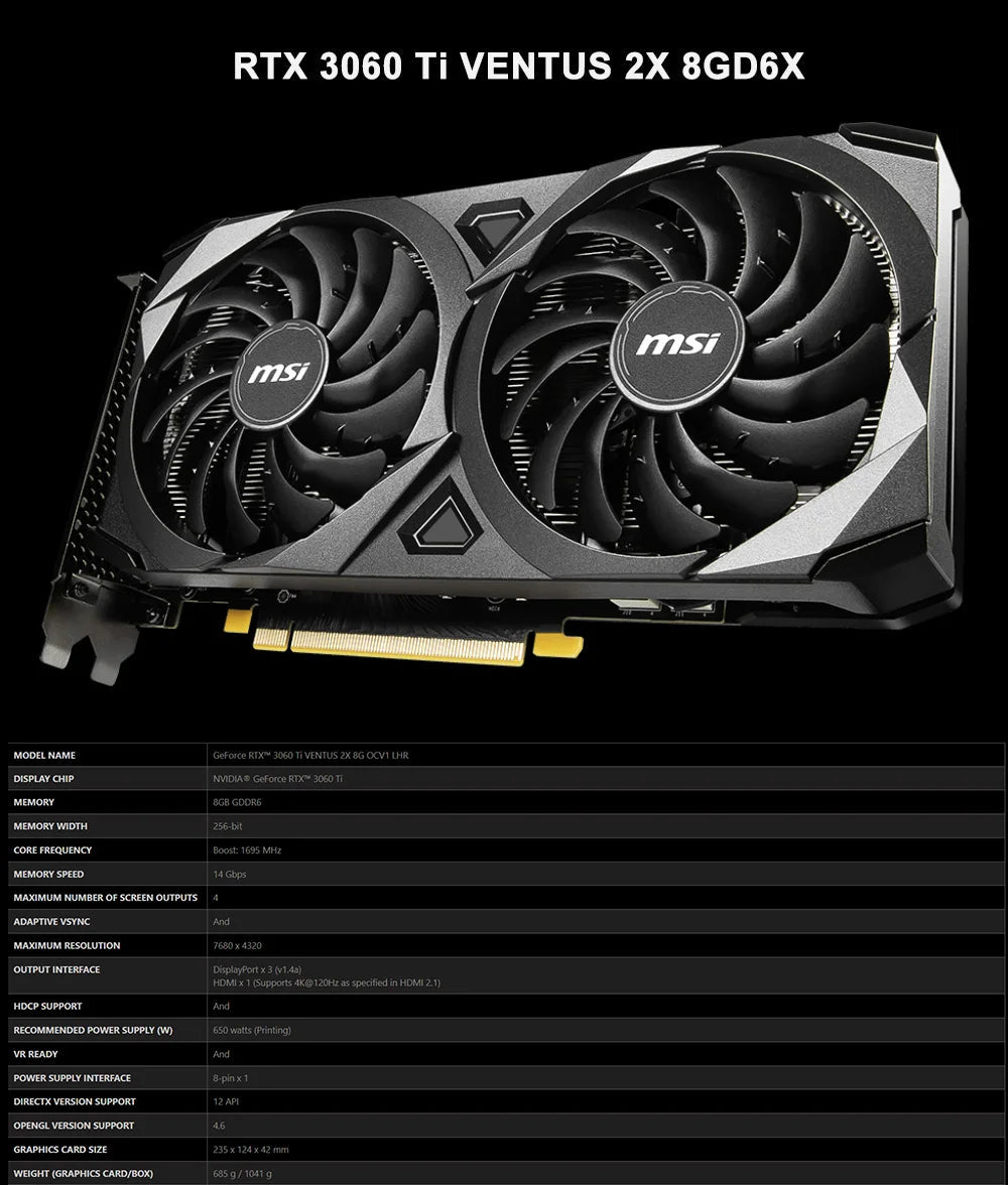 MSI New RTX 3060 RTX 3060 Ti GAMING 8G Graphic Card 256bit 8GB 12GB GDDR6X RTX3060 GDDR6 192bit Video Cards placa de vídeo