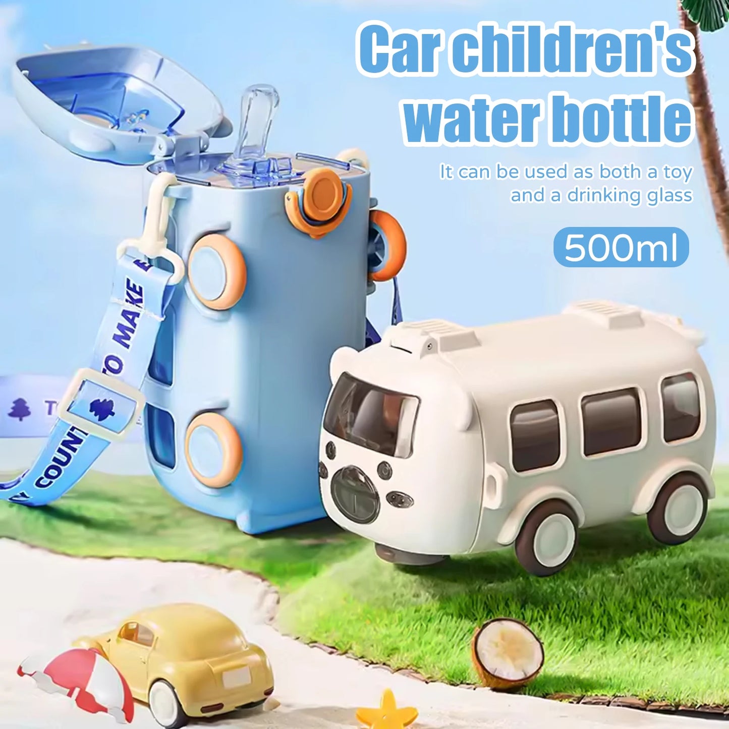 500ml Cute Bear Portable Water Bottle With Shoulder Strap Kid Car Straw Water Cup Bus Shape Children's Water Bottle Drinking Cup - Chic Cart