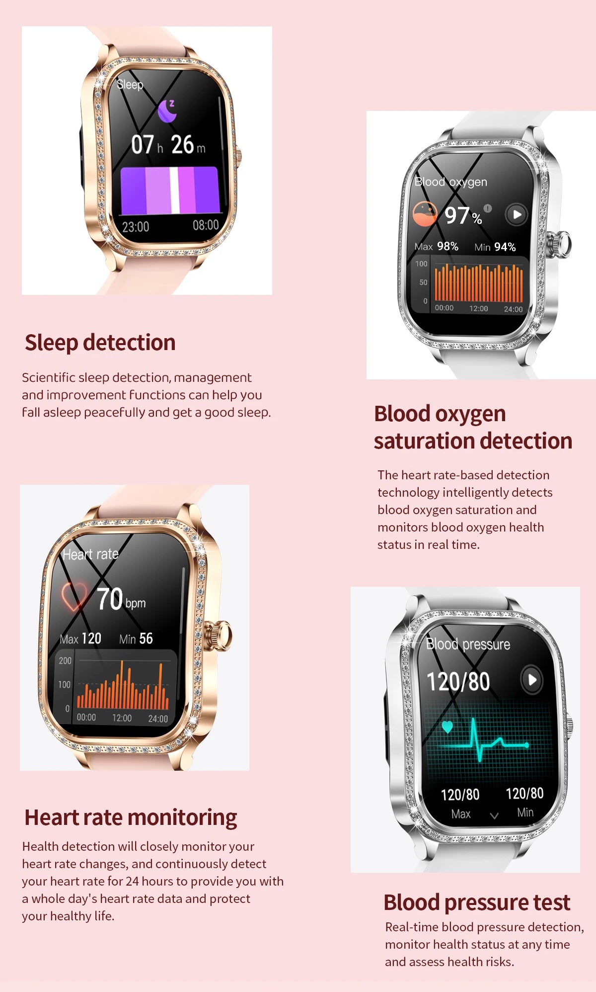 For Xiaomi Huawei New Women Smart Watch Heart Rate Blood Pressure Monitor Music Playback 100+ Sports Mode BT Calling SmartWatch - Chic Cart