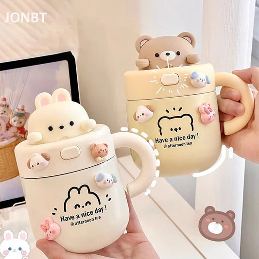 Kawaii Bear Thermal Mug Insulated Coffee Tumbler For Hot Cold Drinks Water Tea Large Thermos Stainless Steel Cup With Straw Lid - Chic Cart