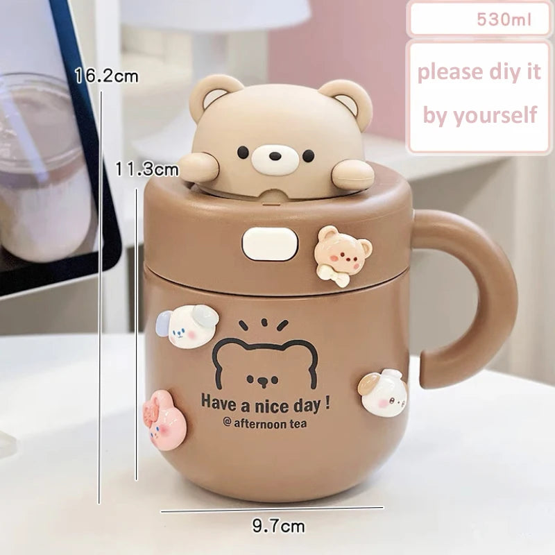 Kawaii Bear Thermal Mug Insulated Coffee Tumbler For Hot Cold Drinks Water Tea Large Thermos Stainless Steel Cup With Straw Lid - Chic Cart