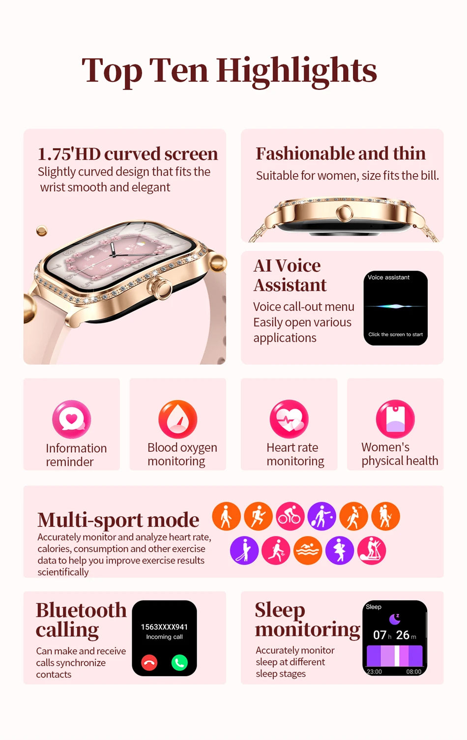 New Fashion Women's Smart Watch Heart Rate 1.75 Inch 240*296 HD Screen Diamond Watch Bluetooth Call Waterproof SmartWatch Ladies - Chic Cart