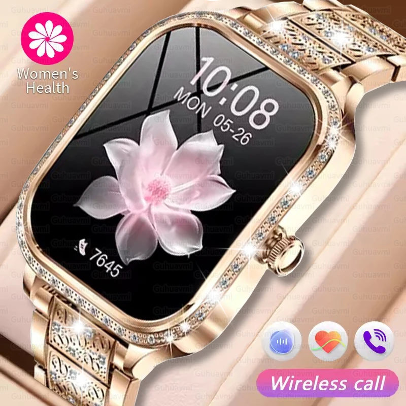 2025 New Women's Smart Watch Gold Steel Strip Inlaid Diamond 1.75-inch Curved Screen Bluetooth Call Health Monitoring Smartwatch - Chic Cart