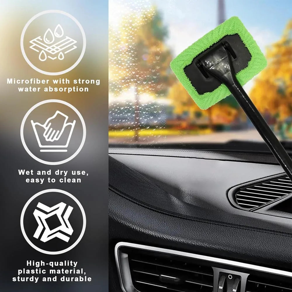 Car Window Cleaner Brush Kit Microfiber Windshield Cleaning Tool Auto Interior Glass Wash Wiper Long Handle Reusable Cloth Pad