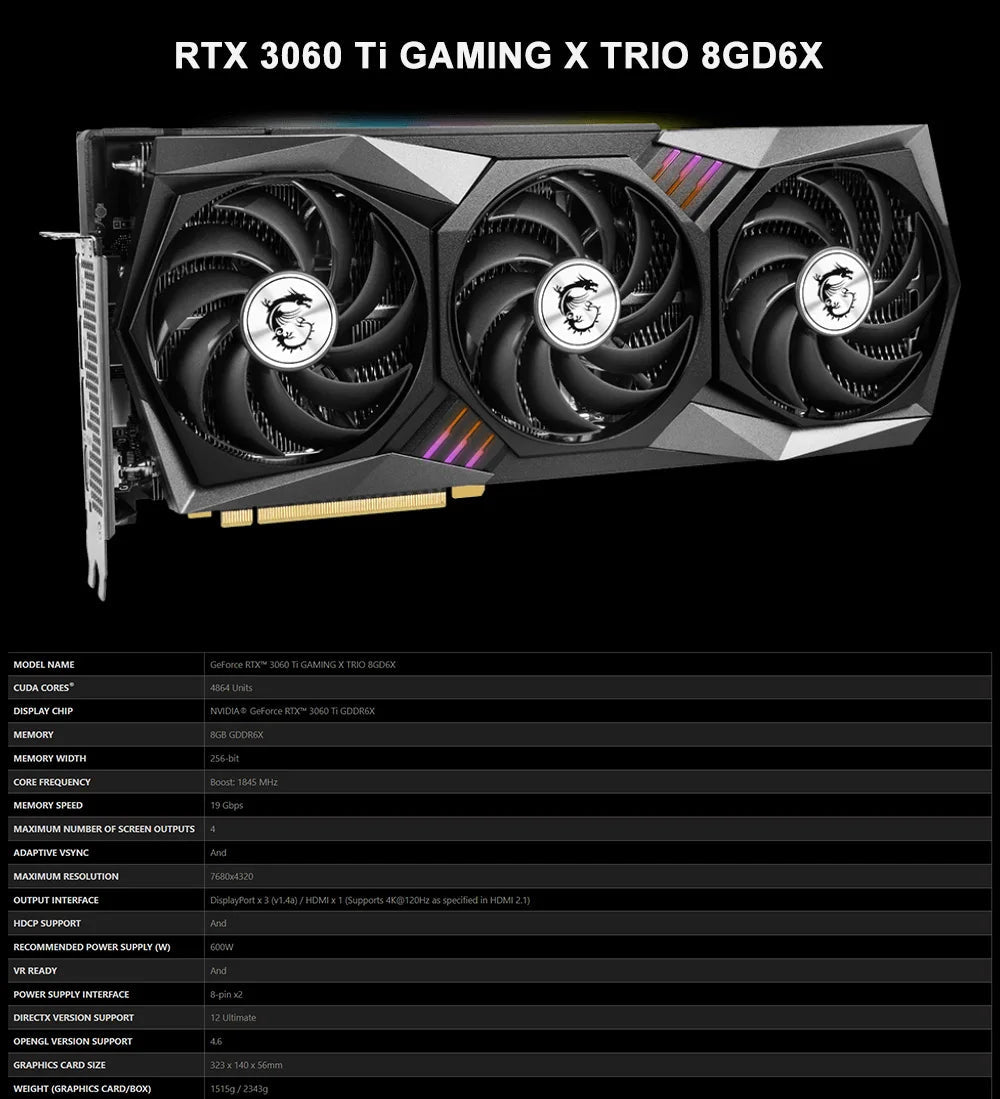 MSI New RTX 3060 RTX 3060 Ti GAMING 8G Graphic Card 256bit 8GB 12GB GDDR6X RTX3060 GDDR6 192bit Video Cards placa de vídeo