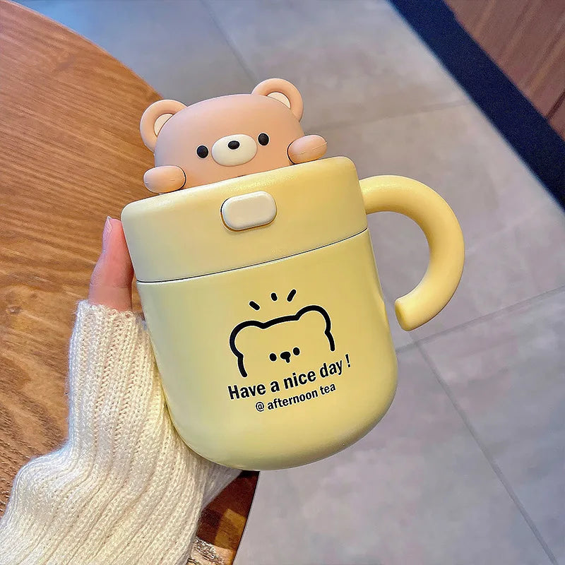 Kawaii Bear Thermal Mug Insulated Coffee Tumbler For Hot Cold Drinks Water Tea Large Thermos Stainless Steel Cup With Straw Lid - Chic Cart