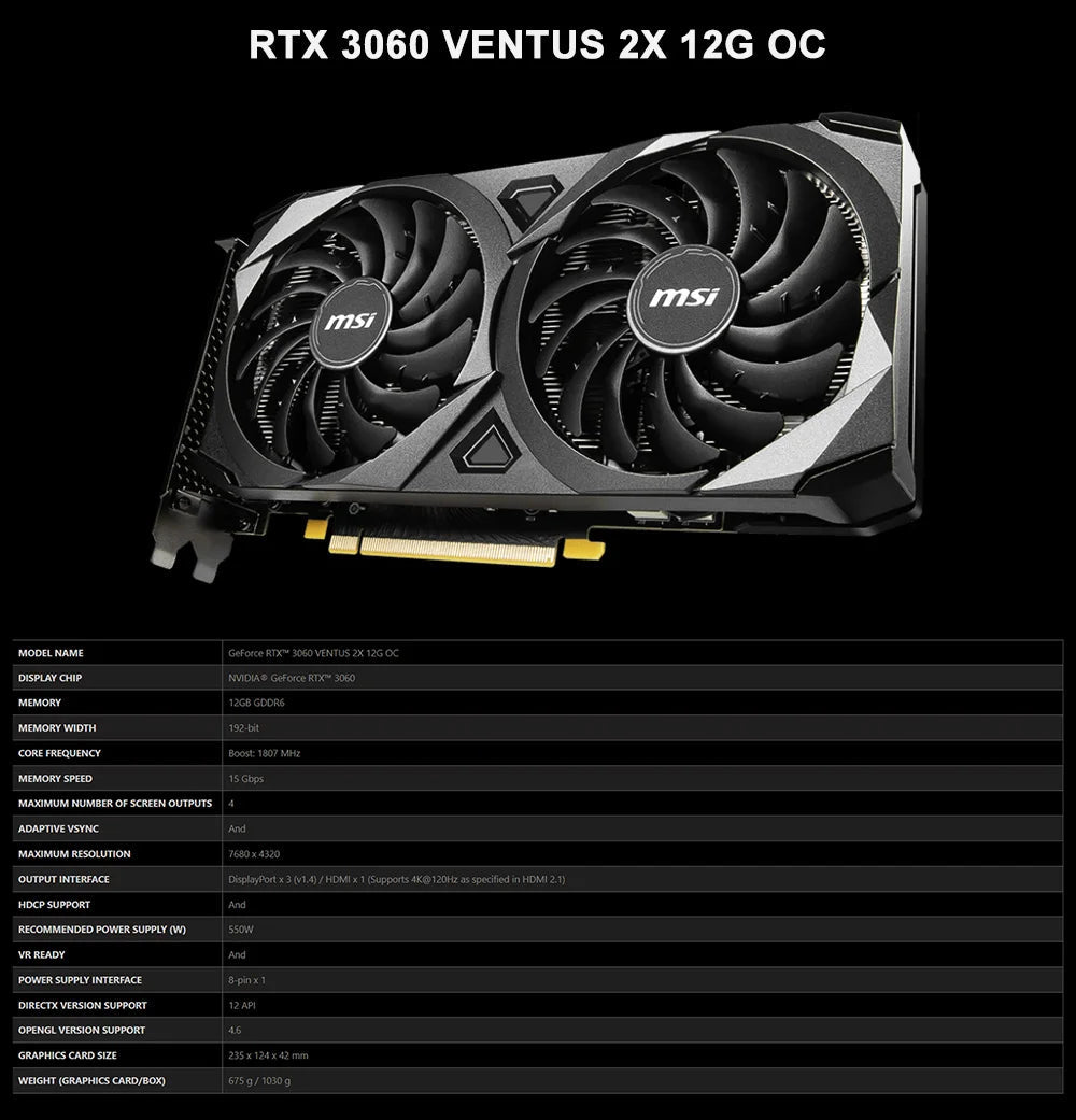 MSI New RTX 3060 RTX 3060 Ti GAMING 8G Graphic Card 256bit 8GB 12GB GDDR6X RTX3060 GDDR6 192bit Video Cards placa de vídeo