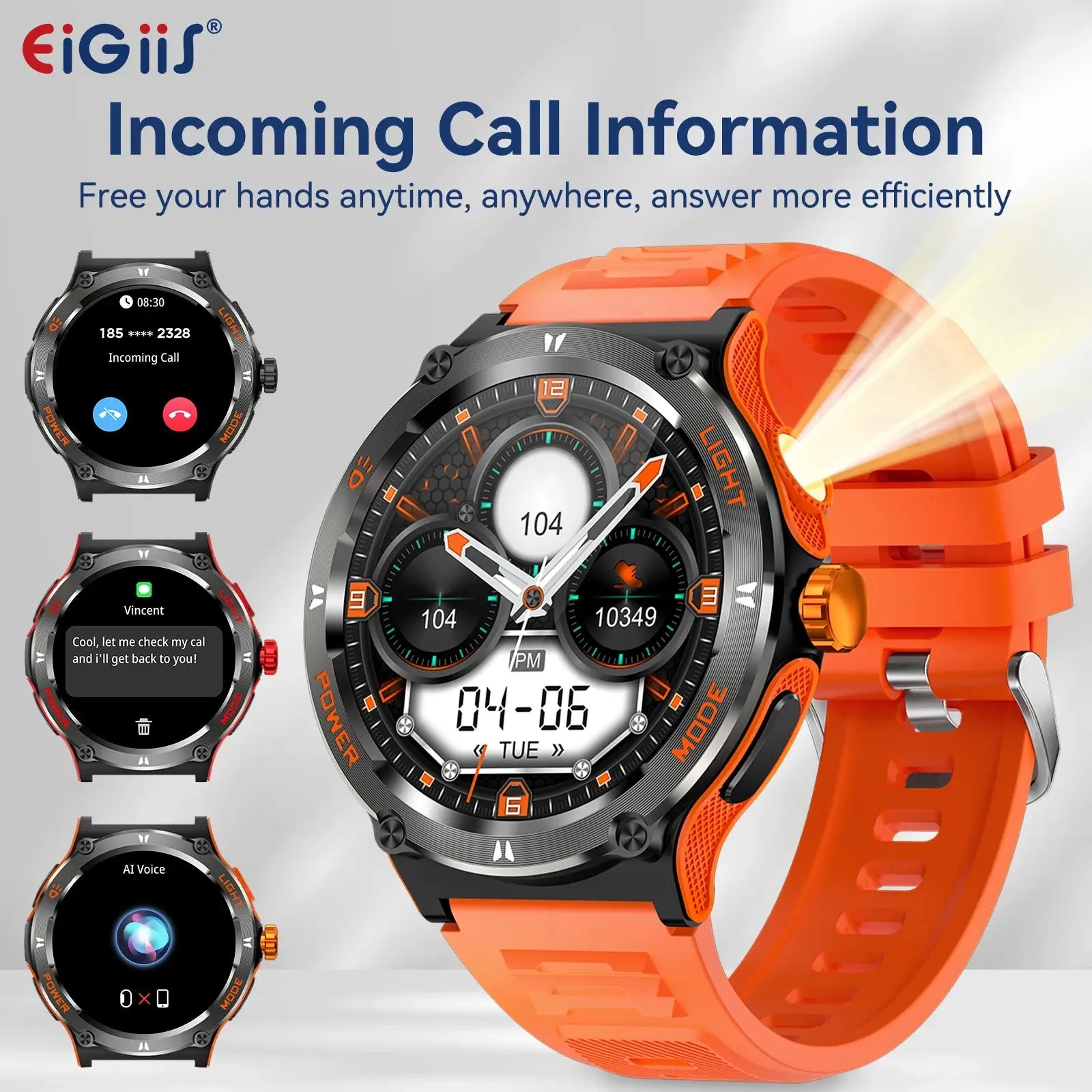 EIGIIS Smart Watch 3ATM Waterproof 1.53" KT76 Men Sport With Compass And LED Flashlight Heart Rate Sleep Analysis Bluetooth Call - Chic Cart 