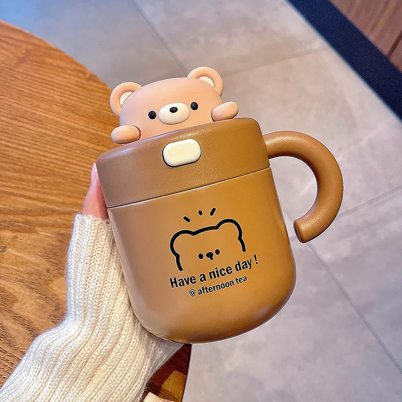 Kawaii Bear Thermal Mug Insulated Coffee Tumbler For Hot Cold Drinks Water Tea Large Thermos Stainless Steel Cup With Straw Lid - Chic Cart