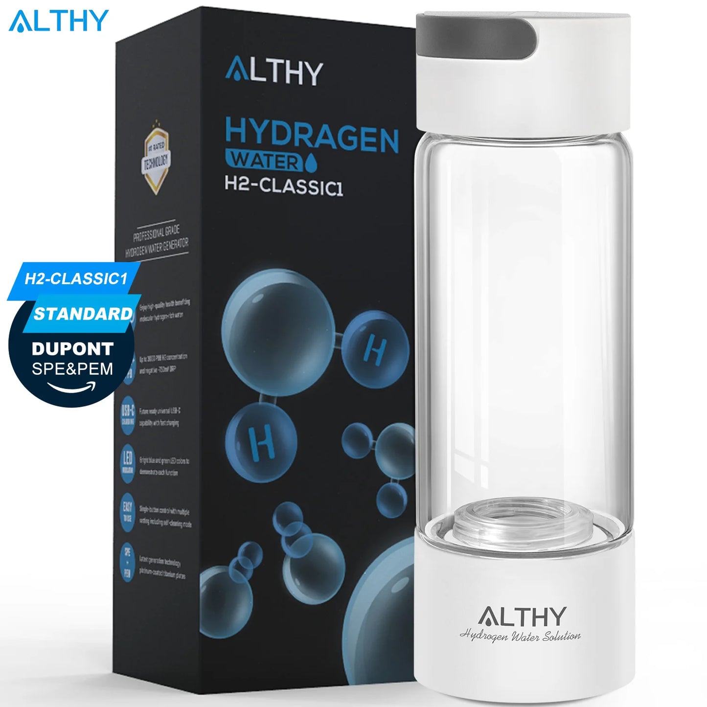 ALTHY Hydrogen Rich Water Generator Bottle - Glass Cupbody - DuPont SPE & PEM Dual Chamber Maker Ionizer - H2 Inhalation Device - Chic Cart