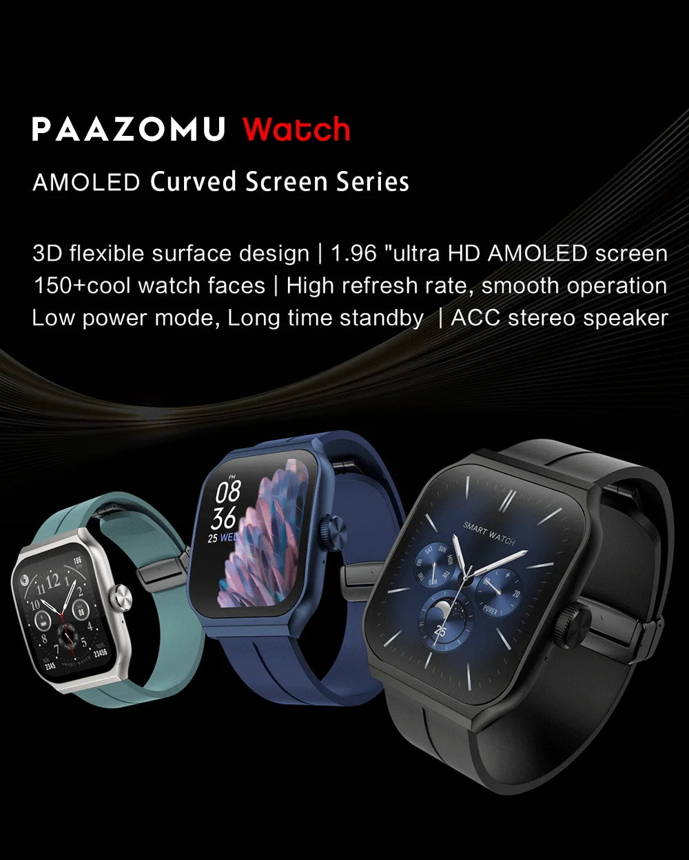 New AMOLED Smart Watch 1.96inch 3D Flexible Curved Screen Bluetooth Call Heart Rate NFC Waterproof Smartwatch For Android IOS - Chic Cart