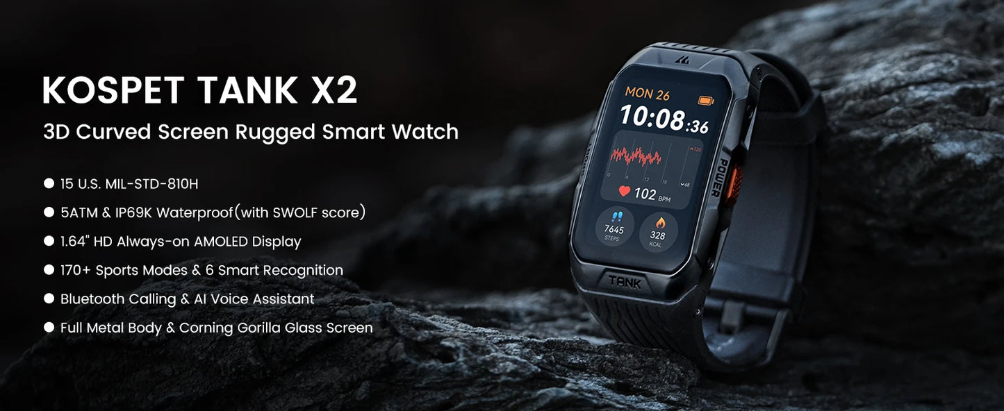 KOSPET TANK X2 Smart Watch For Men IP69K Waterproof 3D Curved Screen 1.64'' AMOLED Bluetooth Call 170 Sport Modes Smartwatch - Chic Cart