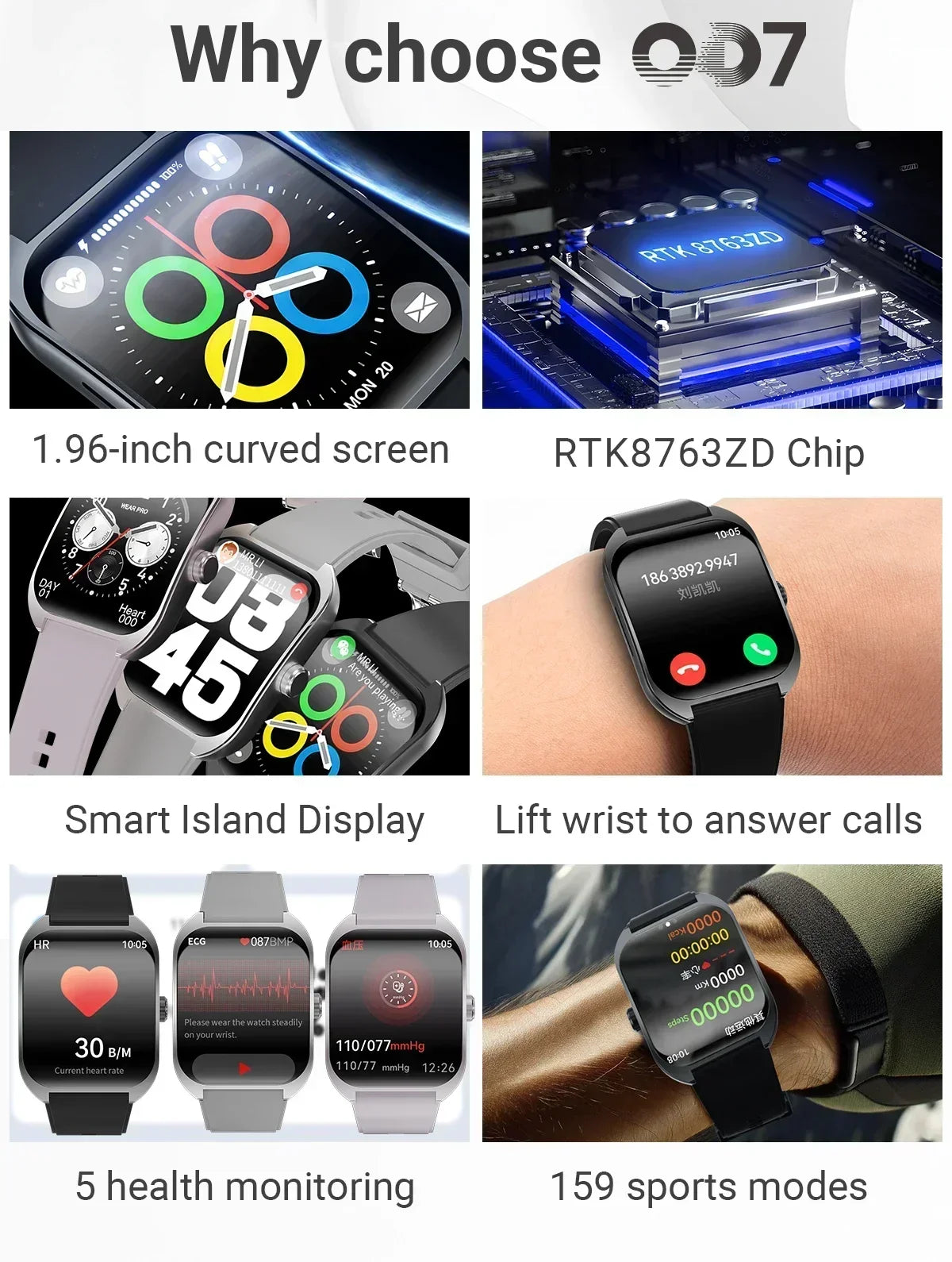 Zordai For Opppo Smartwatch OD7 3D Curved Screen Bluetooth Call Sports Watch Men Women Wrist Watches IP68 Waterproof Smart Watch - Chic Cart