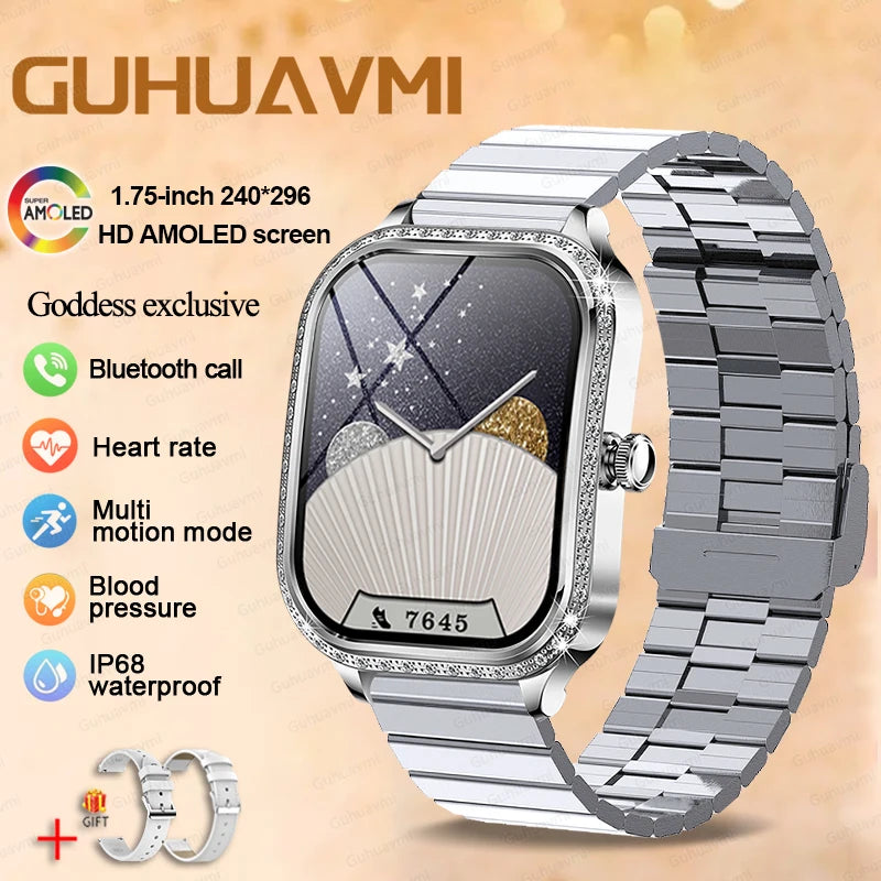 2025 New Women's Smart Watch Gold Steel Strip Inlaid Diamond 1.75-inch Curved Screen Bluetooth Call Health Monitoring Smartwatch - Chic Cart