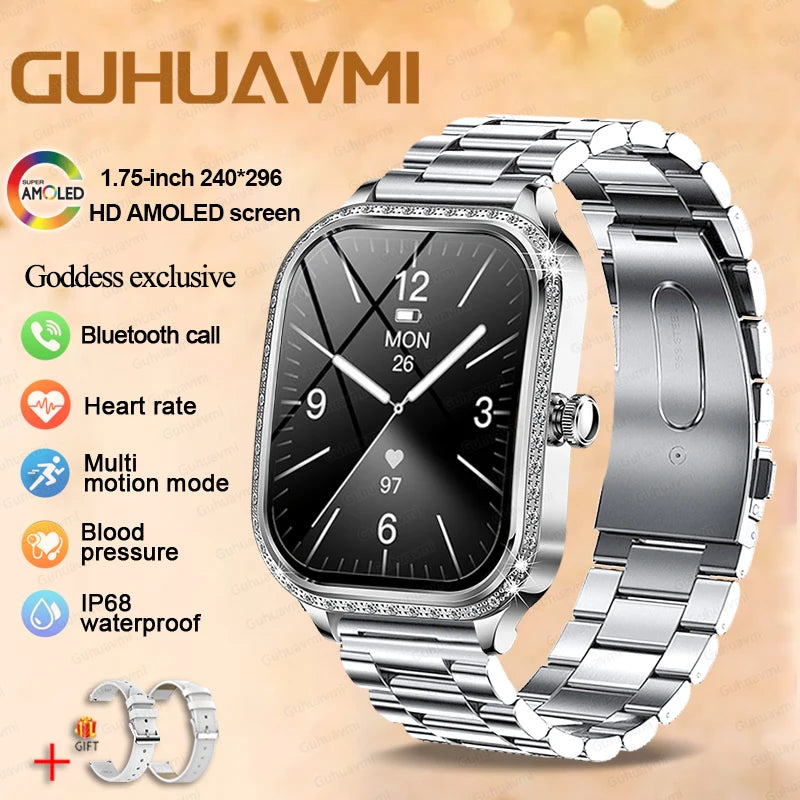 2025 New Women's Smart Watch Gold Steel Strip Inlaid Diamond 1.75-inch Curved Screen Bluetooth Call Health Monitoring Smartwatch - Chic Cart