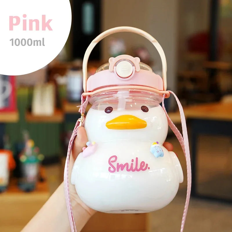 1000ML Cute Duck Water Bottle With Straw Kawaii Kids Water Bottles Large Capacity Plastic Straw Cup Drinking Bottle BPA Free - Chic Cart